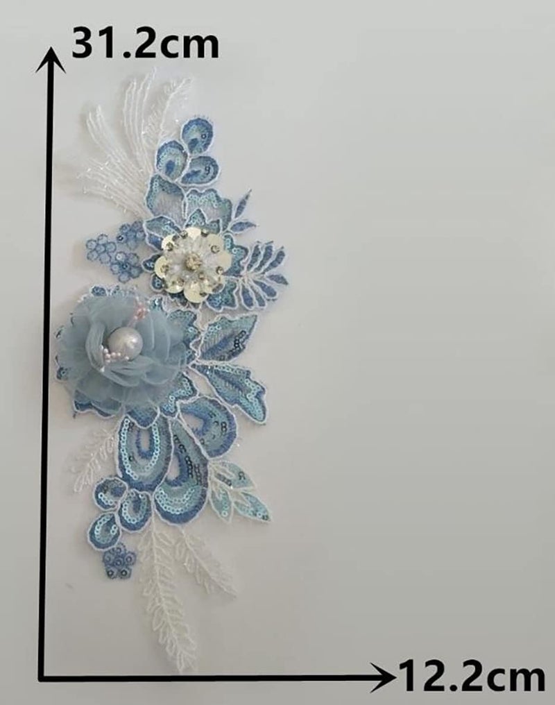 Ruinuo 3D Lace Beads Flower Applique Patches Sew on Patches Floral Embroidered Appliques Colorful Sewing Wedding Dress Handmade Decor Blue - Image 2